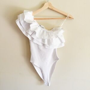 Zara White Ruffled Bodysuit Size Small